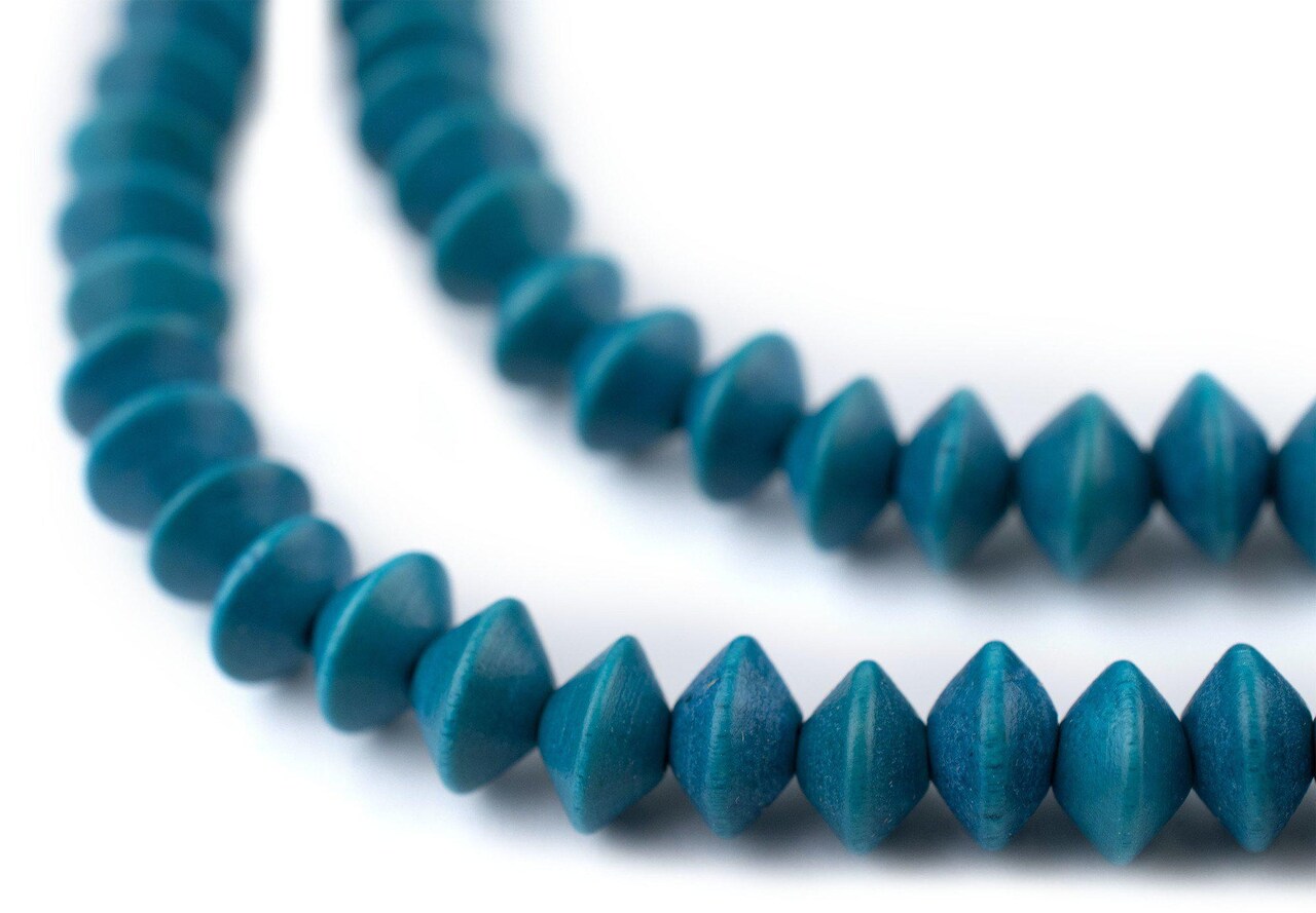 The Bead Chest Aqua Blue Bicone Natural Wood Beads (5x8mm): Organic Eco-Friendly Wooden Bead Strand for DIY Jewelry, Crafts, Necklace and Bracelet Making